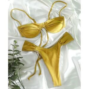 Cheeky Brazilian gold bikini metallic shimmer thong high leg majee Majorelle